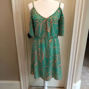 Cold shoulder green and coral dress